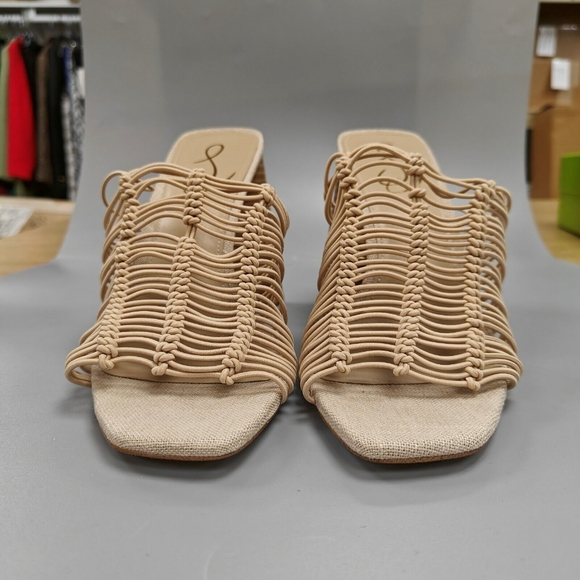 $140 SAM EDELMAN Laurette Block Heels Sandals Strappy Woven Elastic Almond 8.5 - Picture 5 of 10